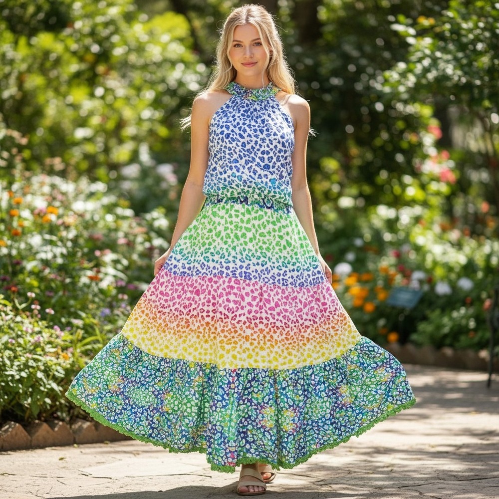 Ruby Yaya Maxi Dress Womens S Multicolor Rainbow Leopard Tiered Halter Excellent